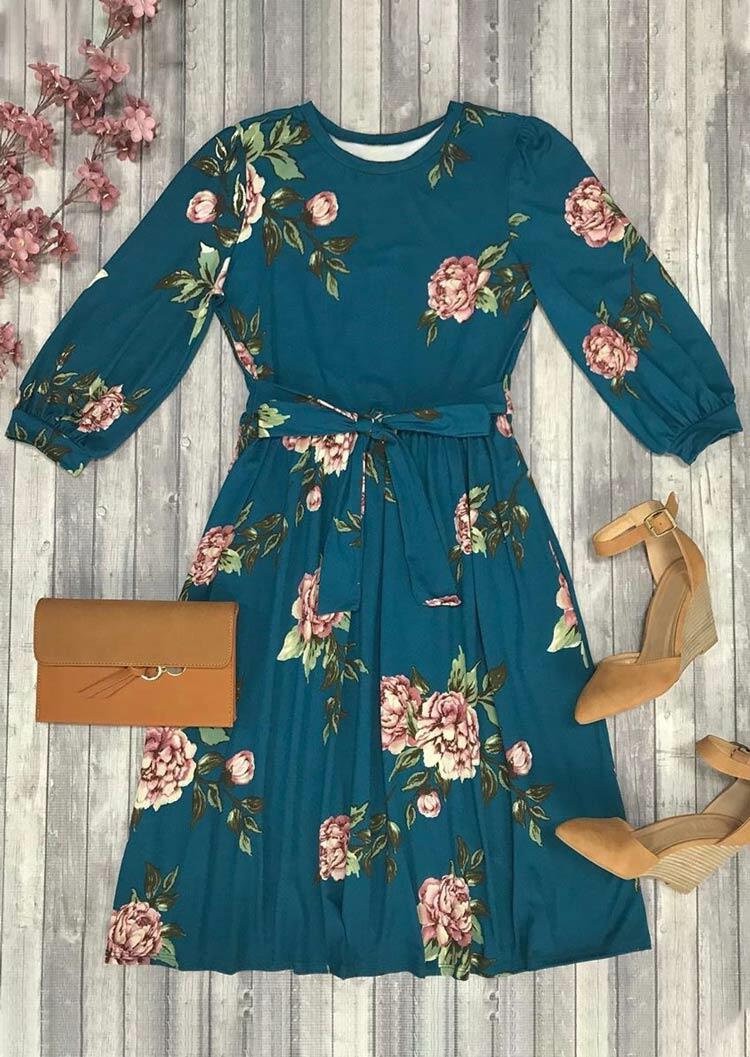 

Floral Ruffled O-Neck Elastic Cuff Casual Dress - Cyan, 485178