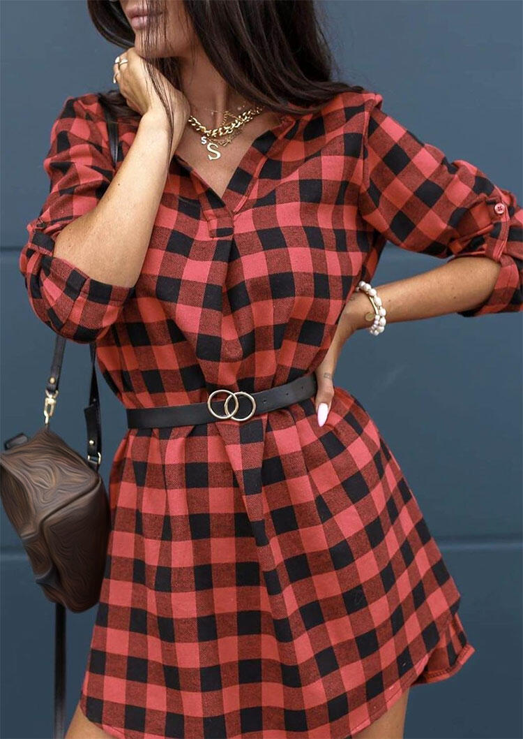 

Buffalo Plaid V-Neck Asymmetric Mini Dress without Belt, 485179