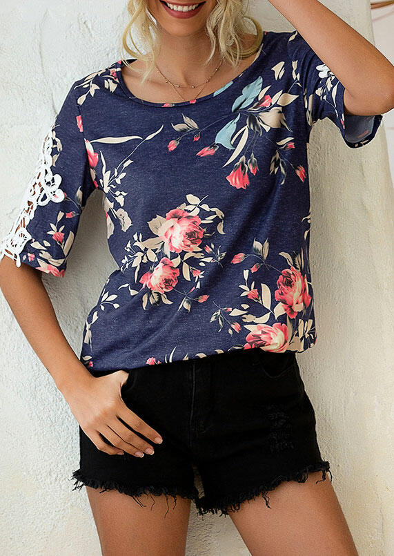 

Blouses Floral Lace Splicing O-Neck Blouse in Navy Blue. Size