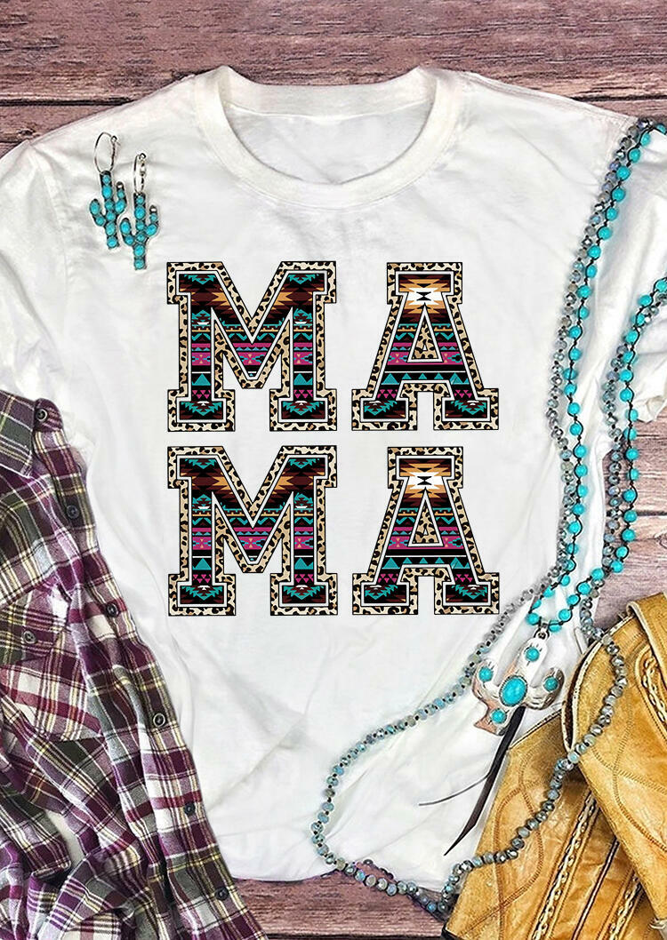 

Aztec Geometric Leopard Mama T-Shirt Tee - White, 484396