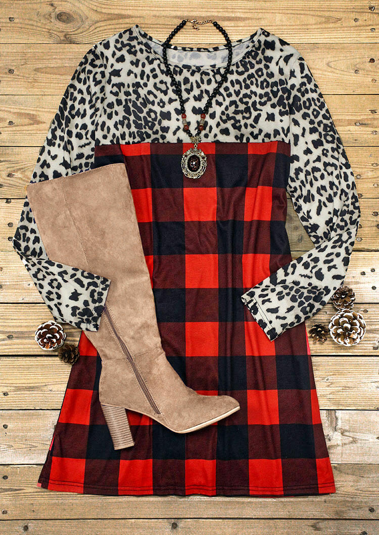 

Mini Dresses Leopard Buffalo Plaid Lace Splicing Mini Dress in Multicolor. Size: ,M,L