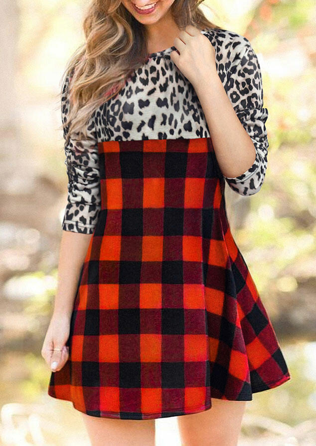 Christmas Leopard Buffalo Plaid Lace Splicing Mini Dress