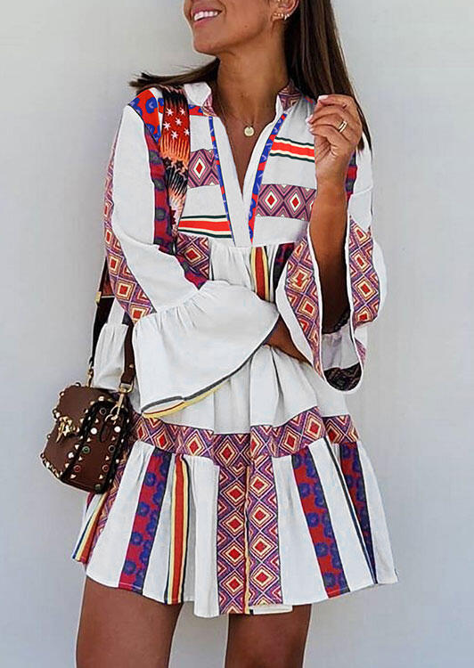 

Aztec Geometric Star Ruffled V-Neck Mini Dress, Multicolor, 485105