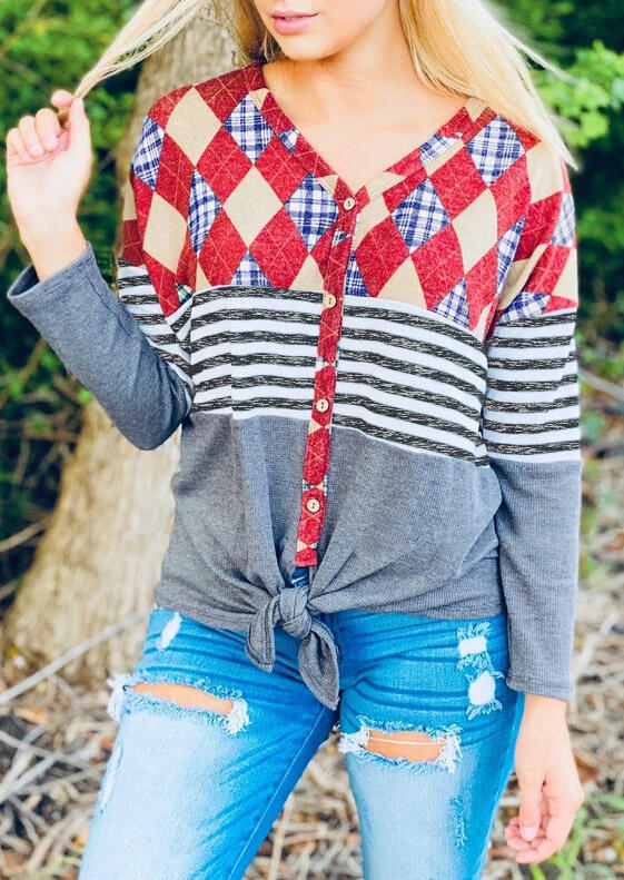 

Striped Plaid Geometric Tie Button V-Neck Blouse, Multicolor, 485132