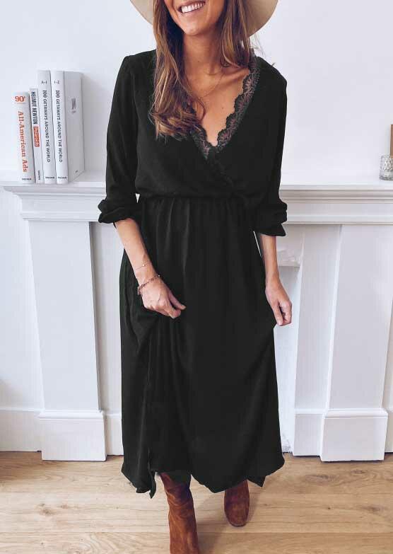 

Lace Splicing Wrap Elastic Cuff Slit Maxi Dress - Black, 485194