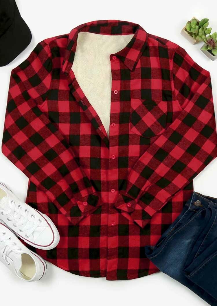 

Coats Buffalo Plaid Button Pocket Thickened Shirt Coat in Red. Size