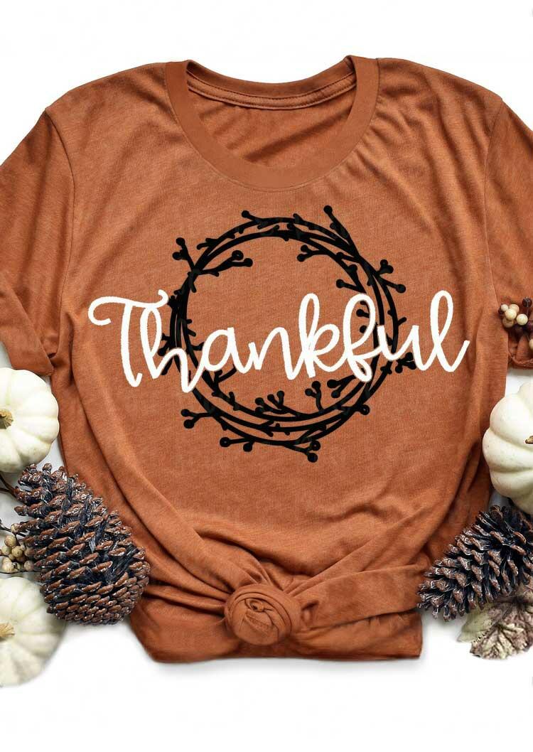 

T-shirts Tees Thankful Letter Graphic O-Neck T-Shirt Tee in Brown. Size