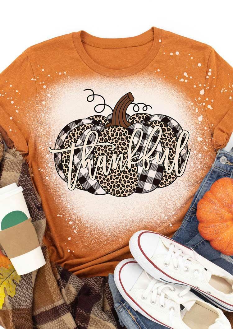 

T-shirts Tees Thanksgiving Leopard Plaid Pumpkin Bleached Thankful T-Shirt Tee in Orange. Size