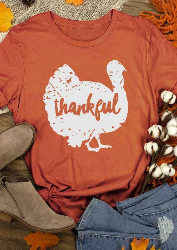 

Thanksgiving Thankful Turkey O-Neck T-Shirt Tee - Orange, 485222