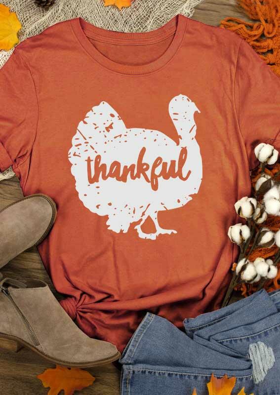 Thanksgiving Thankful Turkey O-Neck T-Shirt Tee - Orange