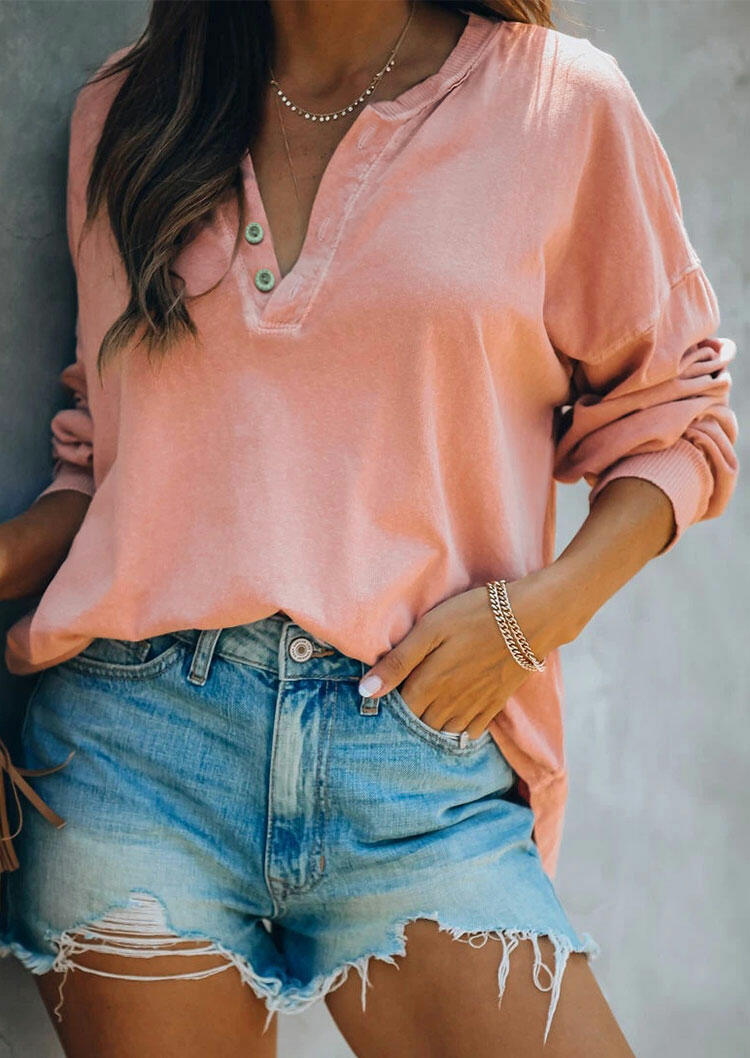 

Blouses Button V-Neck Long Sleeve Blouse in Pink. Size