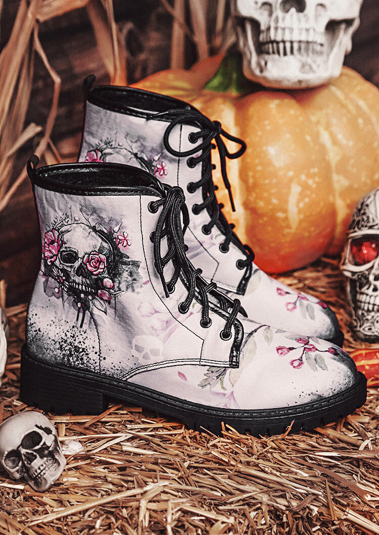 

Halloween Skull Floral Lace Up Boots, Multicolor, 485250