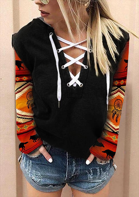 

Aztec Geometric Dreamcatcher Lace Up Hoodie - Black, 485325