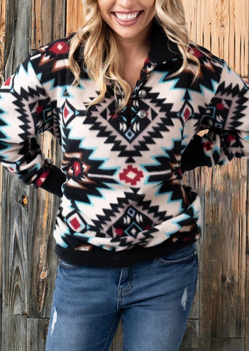 

Aztec Geometric Button V-Neck Pullover Sweatshirt, Multicolor, 485339