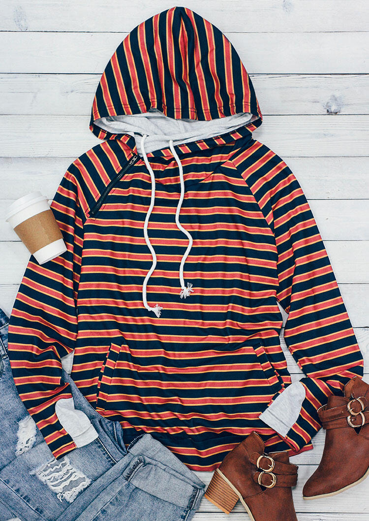 

Hoodies Striped Kangaroo Pocket Zipper Drawstring Hoodie in Stripe. Size: ,M,L,XL