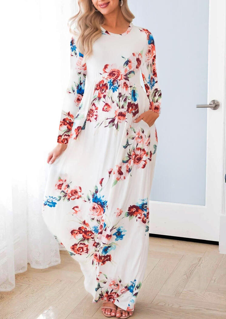 

Floral Ruffled Pocket Long Sleeve Maxi Dress - White, 485329