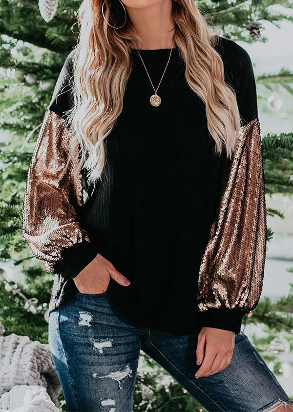 

Sequined Splicing Long Sleeve O-Neck Blouse - Black, 485357