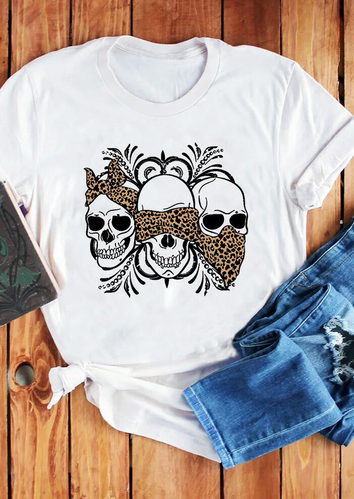 

Tees T-shirts Leopard Skull No Speak No Hear No See T-Shirt Tee in White. Size