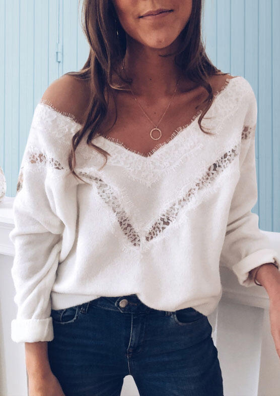 Lace Splicing Drop-Shoulder V-Neck Casual Sweater - White