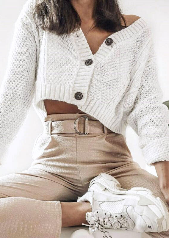 

Sweaters Button V-Neck Long Sleeve Knitted Cardigan Sweater in White. Size