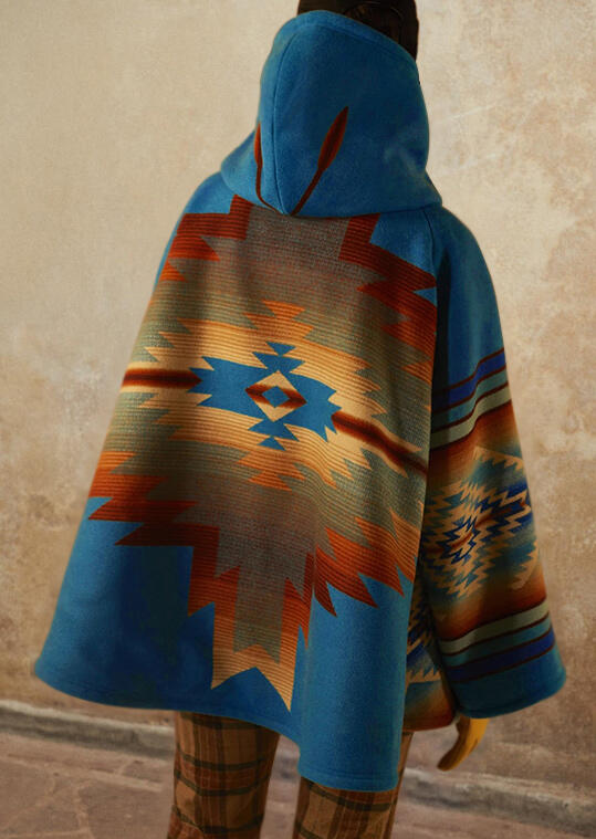 

Coats Aztec Geometric Splicing Striped Button Pocket Hooded Coat in Multicolor. Size