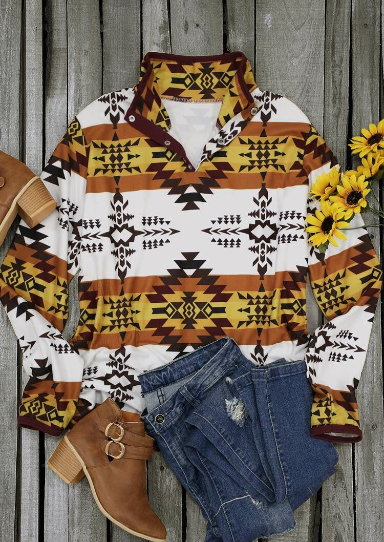 Aztec Geometric Button Fleece Pullover Sweatshirt