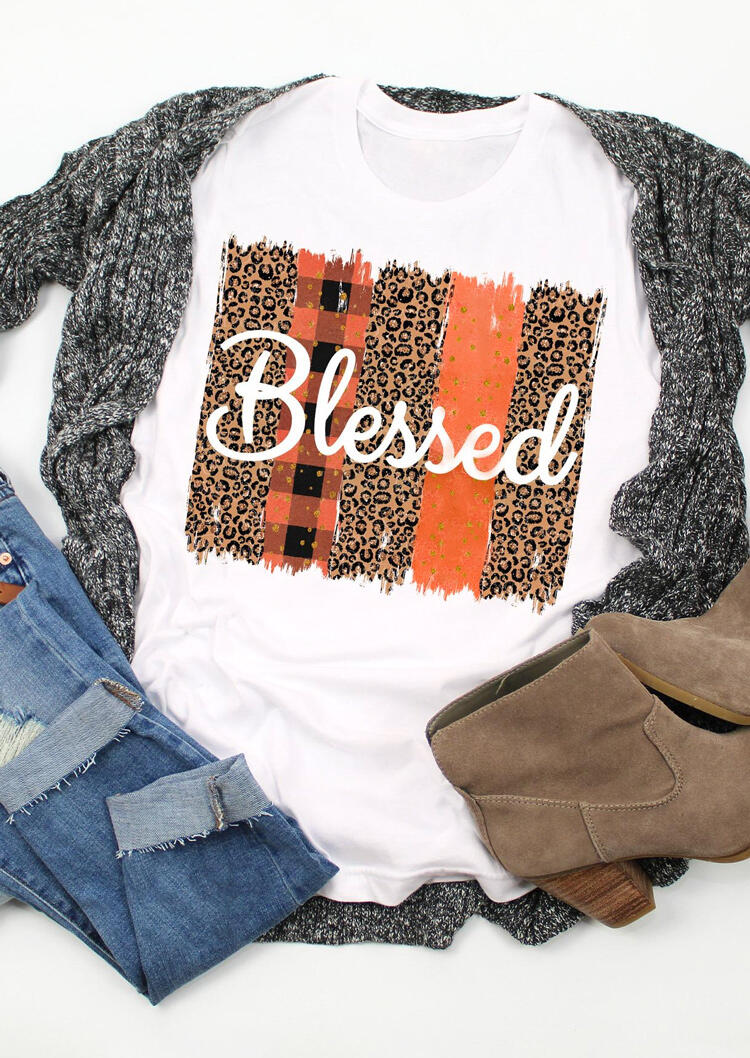 

Tees T-shirts Blessed Leopard Plaid T-Shirt Tee in White. Size