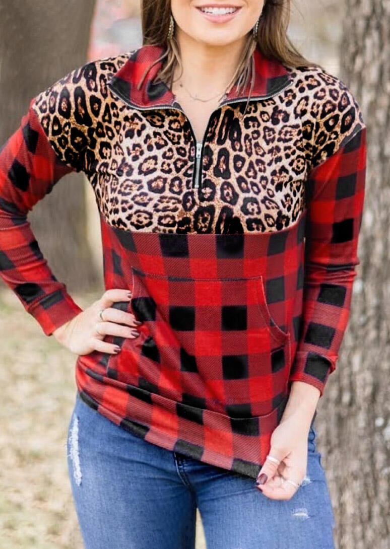 Buffalo Plaid Leopard Splicing Zipper Collar Pullover Sweatshirt