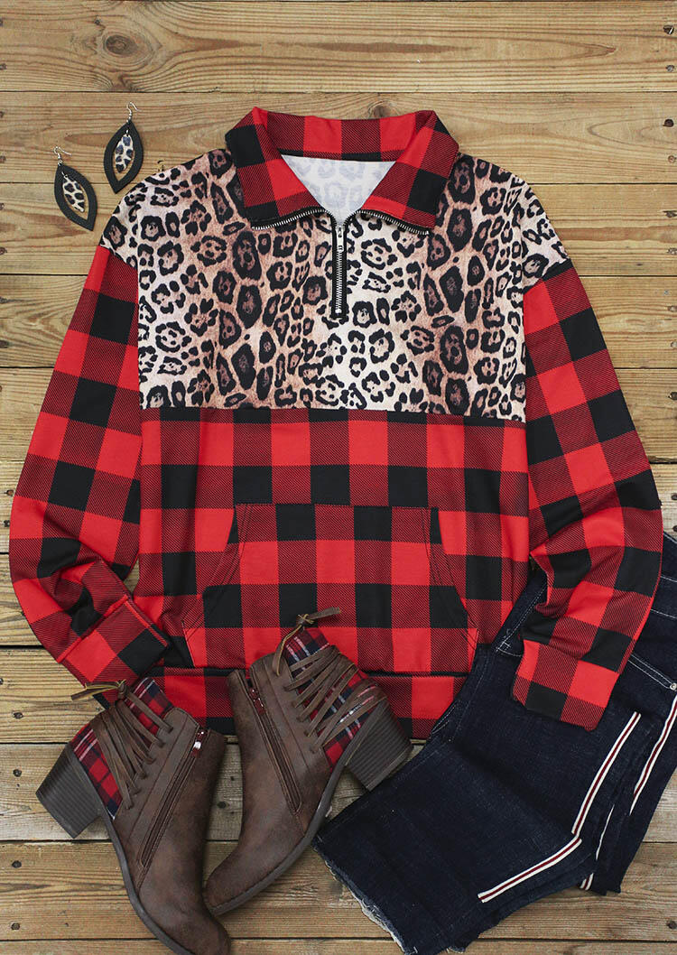

Sweatshirts Buffalo Plaid Leopard Splicing Zipper Collar Pullover Sweatshirt in Plaid. Size