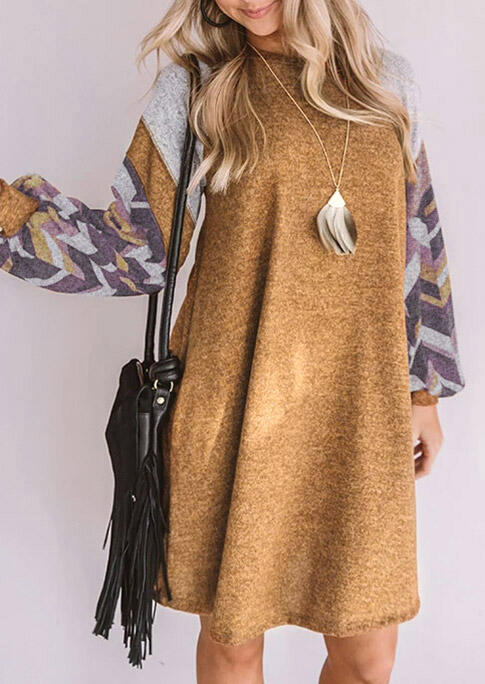 

Mini Dresses Zigzag Arrow Geometric Elastic Cuff Mini Dress in Light Brown. Size: ,M,L,XL