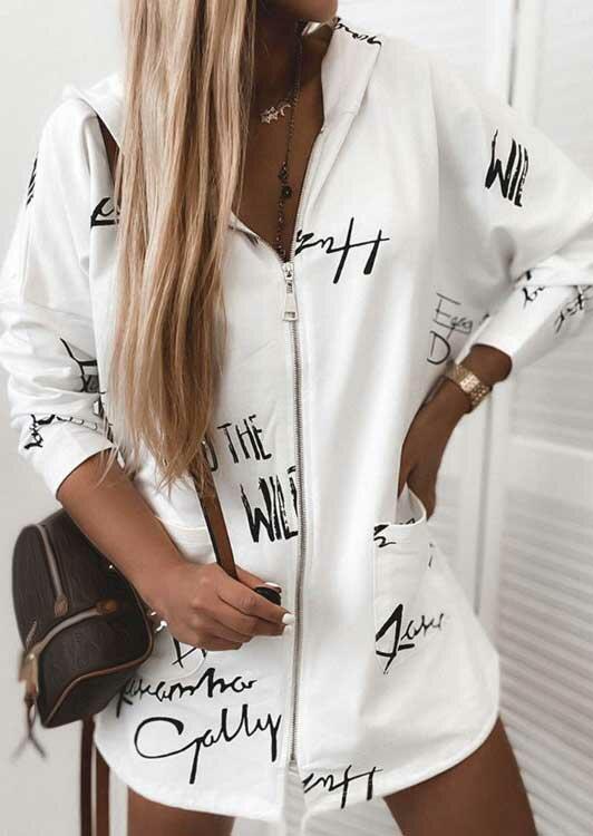 

Letter Graphic Pocket Drawstring Zipper Hooded Coat - White, 485252