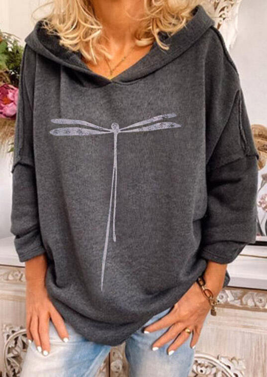 

Hoodies Dragonfly Long Sleeve Pullover Hoodie in Dark Grey. Size