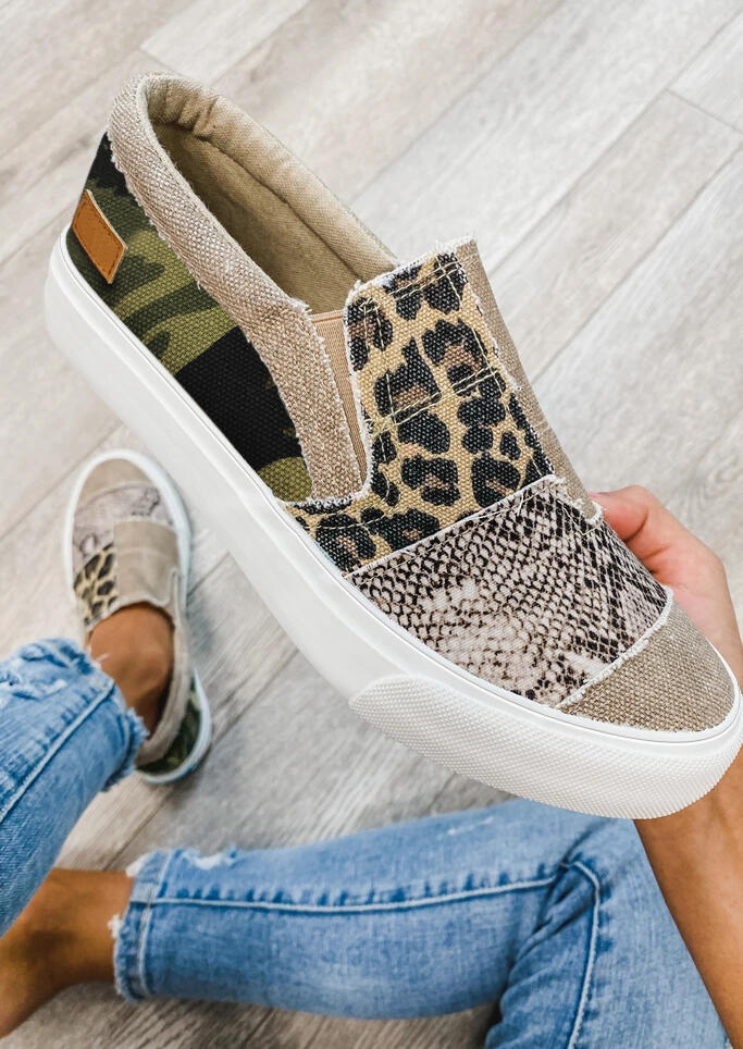 Leopard Snake Skin Camouflage Splicing Flat Canvas Sneakers