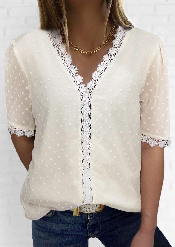 

Lace Splicing V-Neck Blouse - Beige, 485395