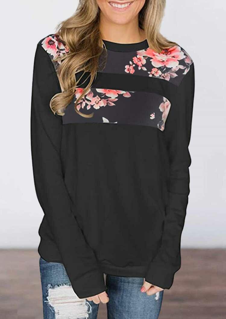 

Floral O-Neck Long Sleeve Blouse - Black, 485399