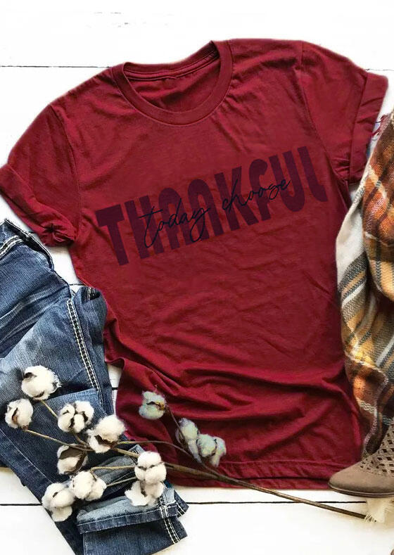 Thanksgiving Letter O-Neck T-Shirt Tee - Burgundy