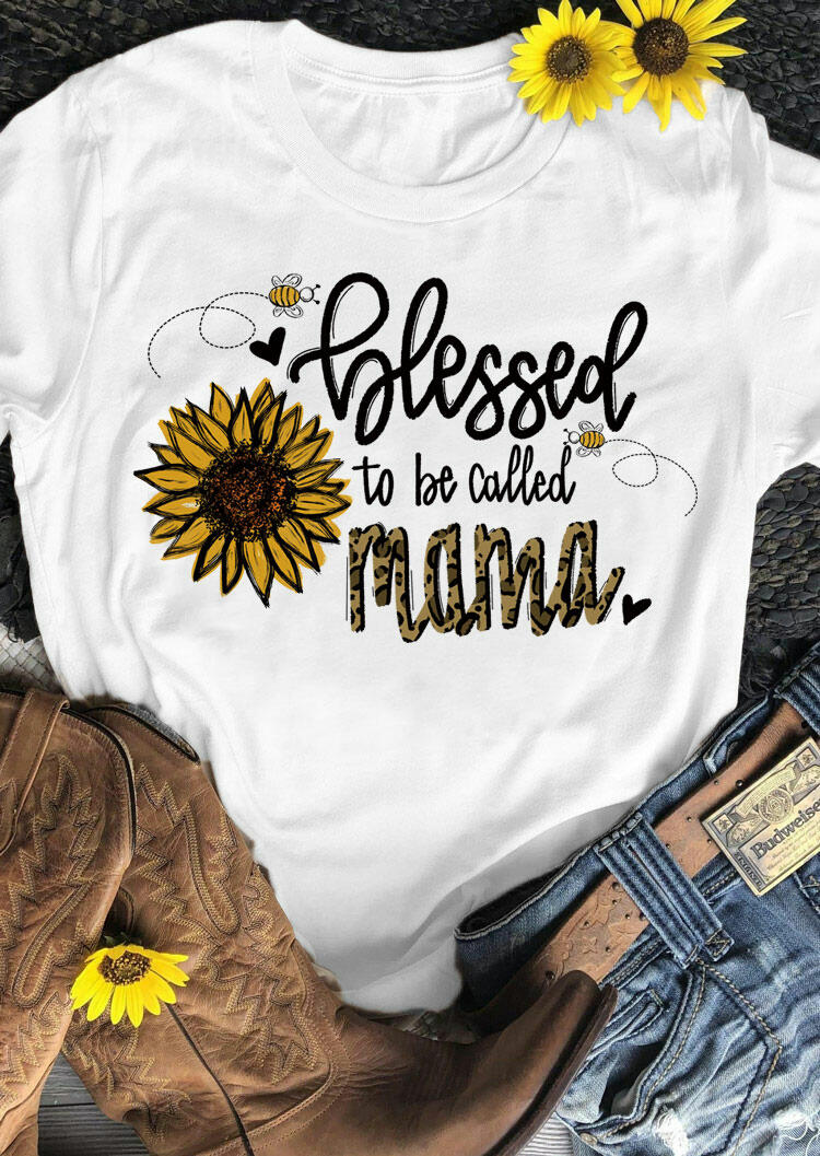 

Thanksgiving Sunflower Leopard Blessed Mama T-Shirt Tee - White, 485447