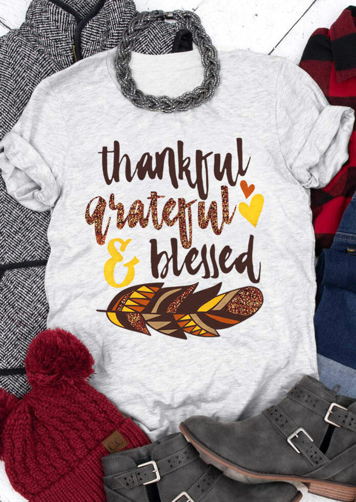 Thankful Grateful & Blessed Feather T-Shirt Tee - Light Grey