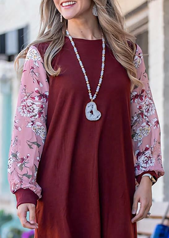

Mini Dresses Floral Splicing Long Sleeve O-Neck Mini Dress in Burgundy. Size