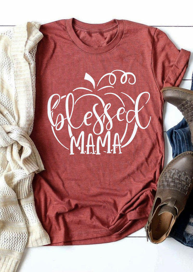 Thanksgiving Blessed Mama Pumpkin T-Shirt Tee - Brick Red