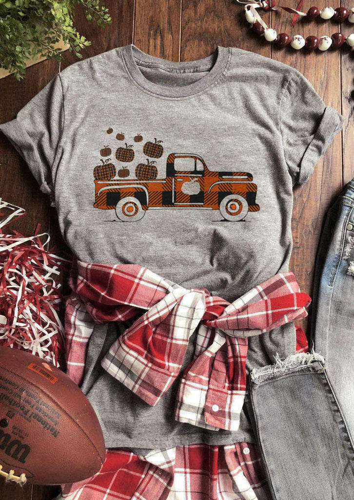 Plaid Truck Pumpkin T-Shirt Tee - Gray