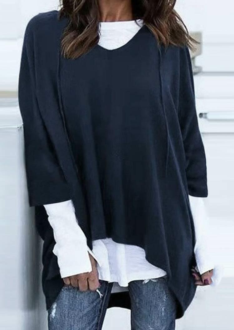 

Asymmetric Drawstring V-Neck Hooded Blouse - Navy Blue, 485464