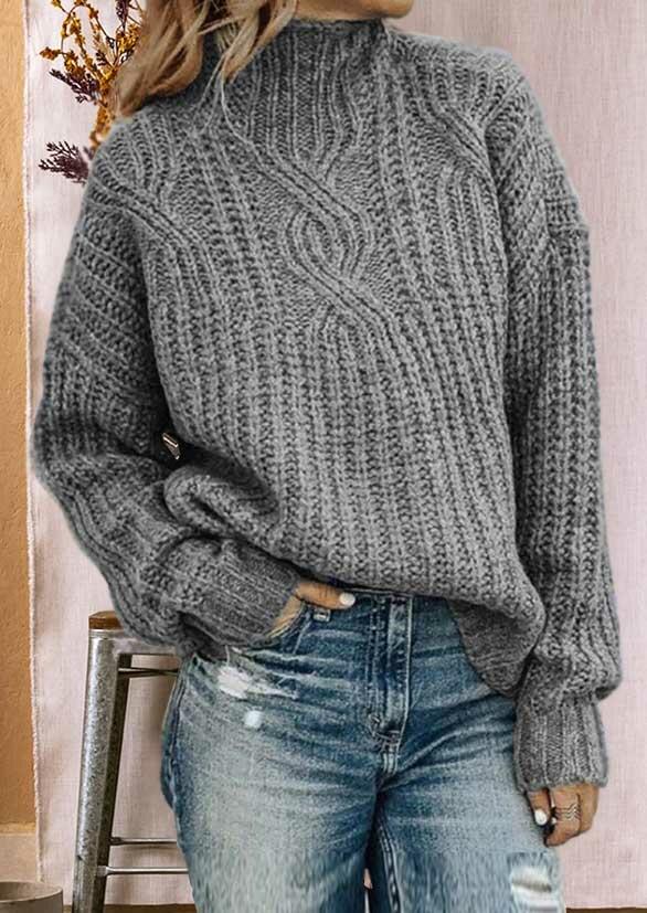 Knitted Turtleneck Long Sleeve Sweater - Gray