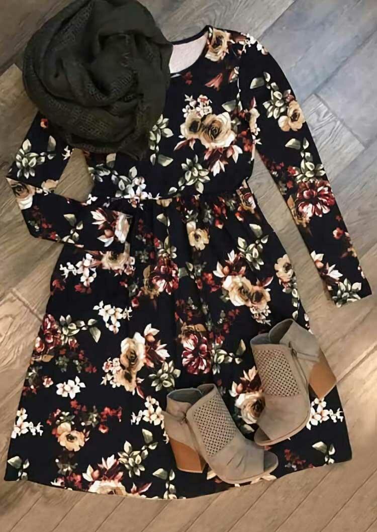 

Casual Dresses Floral Ruffled O-Neck Long Sleeve Casual Dress in Black. Size