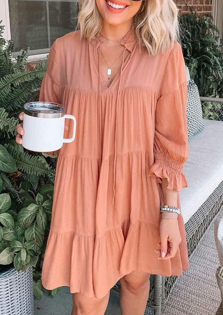 

V-Neck Drawstring Ruffled Elastic Cuff Loose Mini Dress - Flesh, 485480