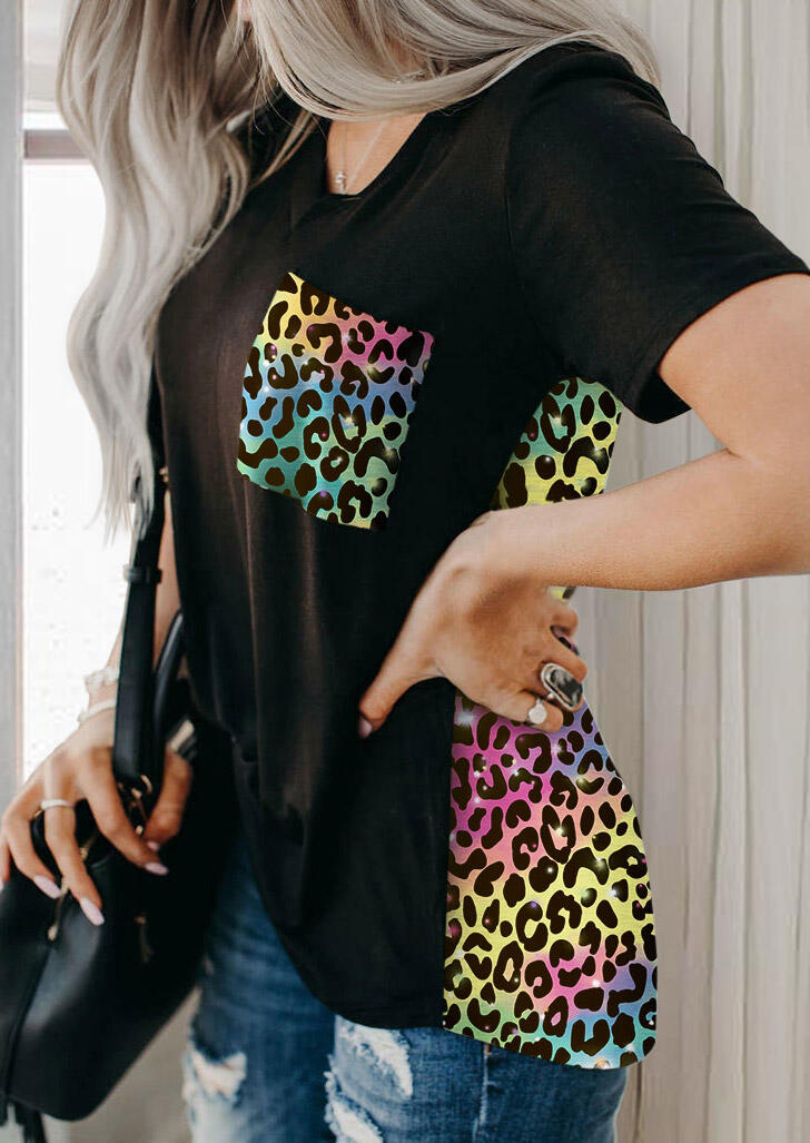 

Colorful Leopard Splicing Pocket Blouse - Black, 485347