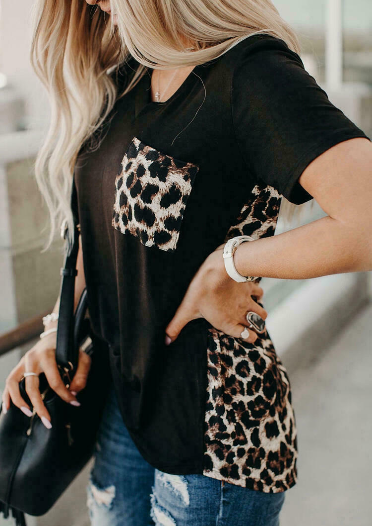 

Blouses Colorful Leopard Splicing Pocket Blouse in Black. Size