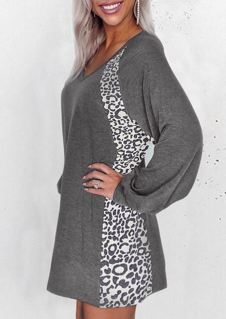 

Mini Dresses Leopard Splicing Lantern Sleeve Loose Mini Dress in Gray. Size