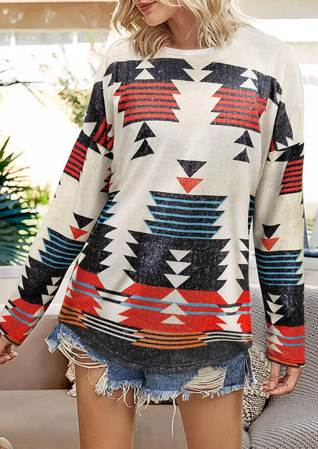 

Blouses Aztec Geometric O-Neck Long Sleeve Blouse in Beige. Size