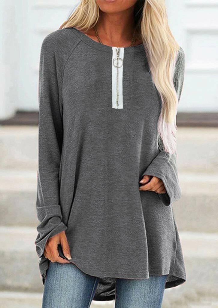 

Blouses Asymmetric Zipper Raglan Sleeve O-Neck Casual Blouse in Gray. Size